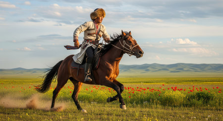 Young asian male riding horse across flowered plain in traditional outfitの素材