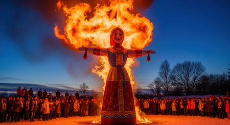 Traditional slavic celebration with burning effigy at duskの素材