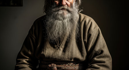 Elderly caucasian male with long gray beard in traditional attireの素材