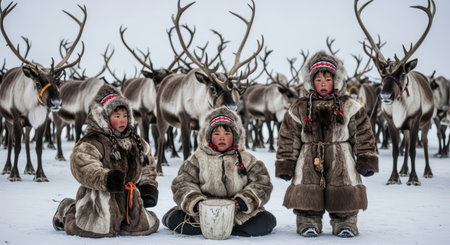 Asian children in traditional clothing with reindeer in snowy landscapeの素材