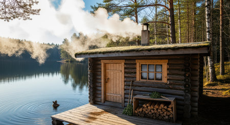 Rustic lakeside sauna cabin with smoke in scenic forest landscapeの素材