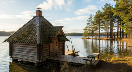Rustic lakeside cabin in peaceful scandinavian forest setting at sunsetの素材