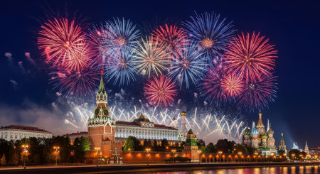 Spectacular fireworks display over moscow kremlin at nightの素材