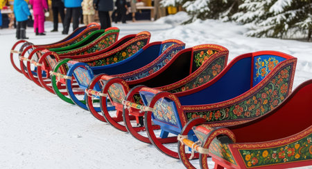 Colorful russian sleighs on snowy path in winter landscapeの素材
