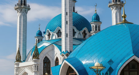 Blue domes and minarets of kul sharif mosque against a clear skyの素材