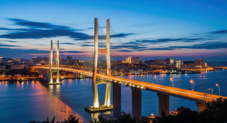 Illuminated cable-stayed bridge at dusk with city skyline in backgroundの素材