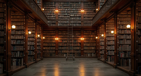 Majestic vintage library with endless shelves and warm lightingの素材