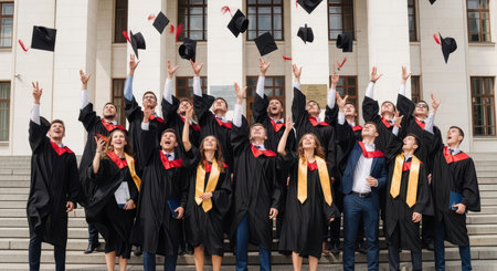 Diverse group of young adults celebrating graduation by throwing caps in the airの素材