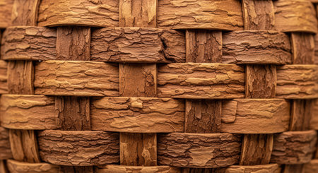 Close-up of textured brown woven basket detail with natural patternsの素材