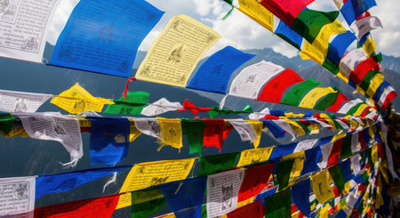 Colorful tibetan prayer flags flapping in the mountain breezeの素材