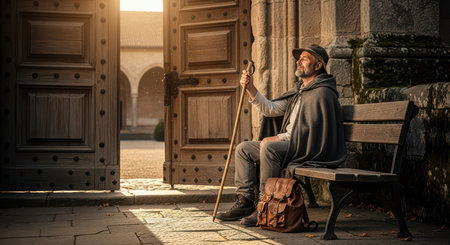 Elderly caucasian male reflecting on a sunny day in historic courtyardの素材