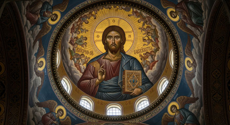 Iconic byzantine christ pantocrator in architectural dome frescoの素材