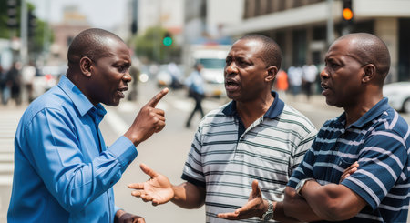 Three african adult males engaged in intense street discussionの素材