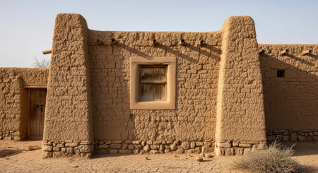 Traditional adobe house in desert landscape with rustic architecture and earthen wallsの素材