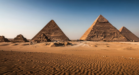 Majestic pyramids of giza under clear blue sky in egyptian desert landscapeの素材