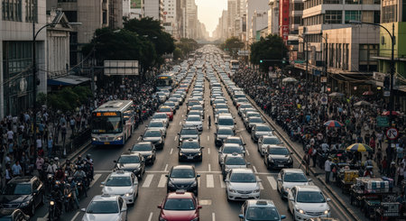 Urban traffic jam in bustling city street during rush hour with dense pedestrian crowdsの素材