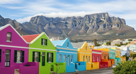 Colorful houses in bo-kaap with mountain backdrop in cape townの素材