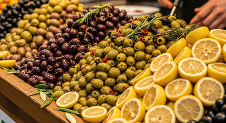 Colorful variety of olives and lemons displayed at market stallの素材