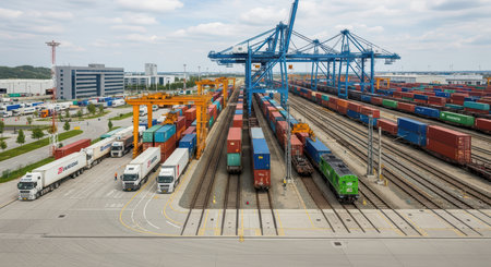 Aerial view of vibrant intermodal freight transport hub with cranes and containersの素材