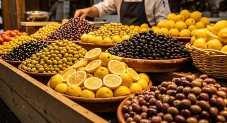 Assorted olives and lemons at market stall displayの素材