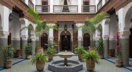Traditional moroccan courtyard with intricate tiles and central fountainの素材