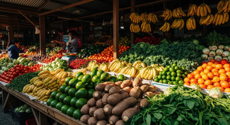 Bustling market stall with fresh vegetables and fruits in vibrant colorsの素材