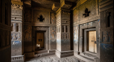 Intricately carved stone temple interior with ancient art and wooden doorsの素材