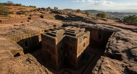 Ancient rock-cut church in lalibela's rugged landscapeの素材