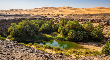 Lush oasis amidst vast desert dunes under clear blue skyの素材