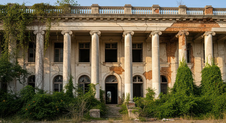 Historic abandoned mansion with overgrown ivy and classical columnsの素材