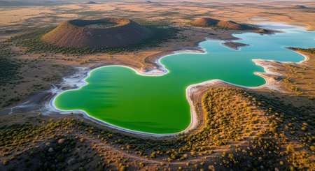 Aerial view of heart-shaped green lake surrounded by volcanic landscapeの素材