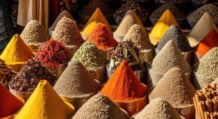 Vibrant assortment of colorful spices in an open market displayの素材