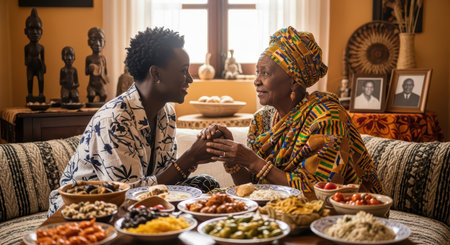 African women sharing a bond over traditional meal in vibrant attireの素材