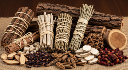 Assorted dried roots and herbs on display for traditional medicine and culinary useの素材