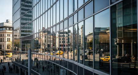 Curved glass facade reflecting urban street with yellow taxisの素材