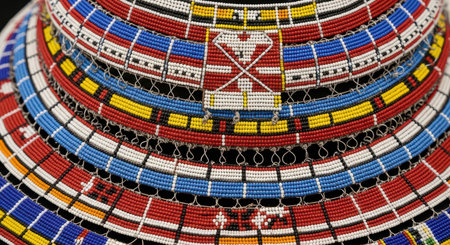 Intricate african beaded necklace with colorful patterns and geometric designsの素材