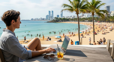 Young caucasian female working remotely at tropical beachside cafeの素材