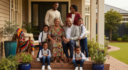 Happy african family gathering on porch: three generations celebrating togetherの素材