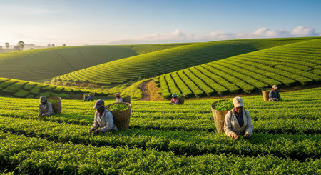 Asian farmers harvesting tea on lush plantation at sunriseの素材