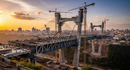 Modern suspension bridge construction at sunset with cityscape backgroundの素材