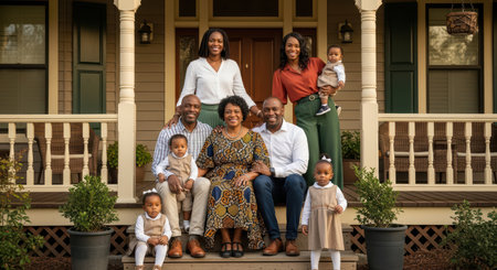 Smiling african family gathered on porch: adults and children in harmonyの素材