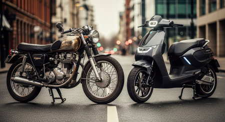 Vintage motorcycle and modern electric scooter on urban streetの素材