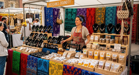 Female artisan selling handmade jewelry and spices at colorful outdoor market stallの素材
