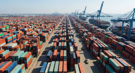 Aerial view of vast shipping container port with cranes and cargo shipsの素材