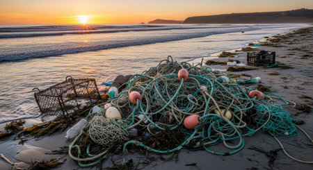 Sunset beach scene with fishing nets and ocean wavesの素材