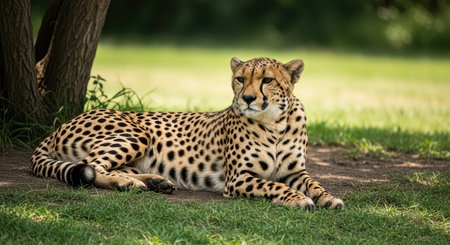 Relaxed cheetah resting in the shade on a sunny day in the grassの素材