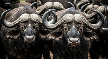 Close-up of african buffalo herd with prominent horns in natural habitatの素材