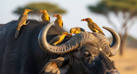 Oxpeckers perched on african buffalo in savanna landscape with blue skyの素材