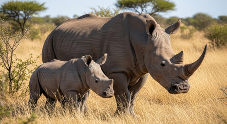 Adult and young rhinoceros grazing in african savannaの素材