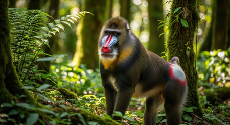 Vibrant mandrill in lush forest habitat surrounded by greenery and treesの素材